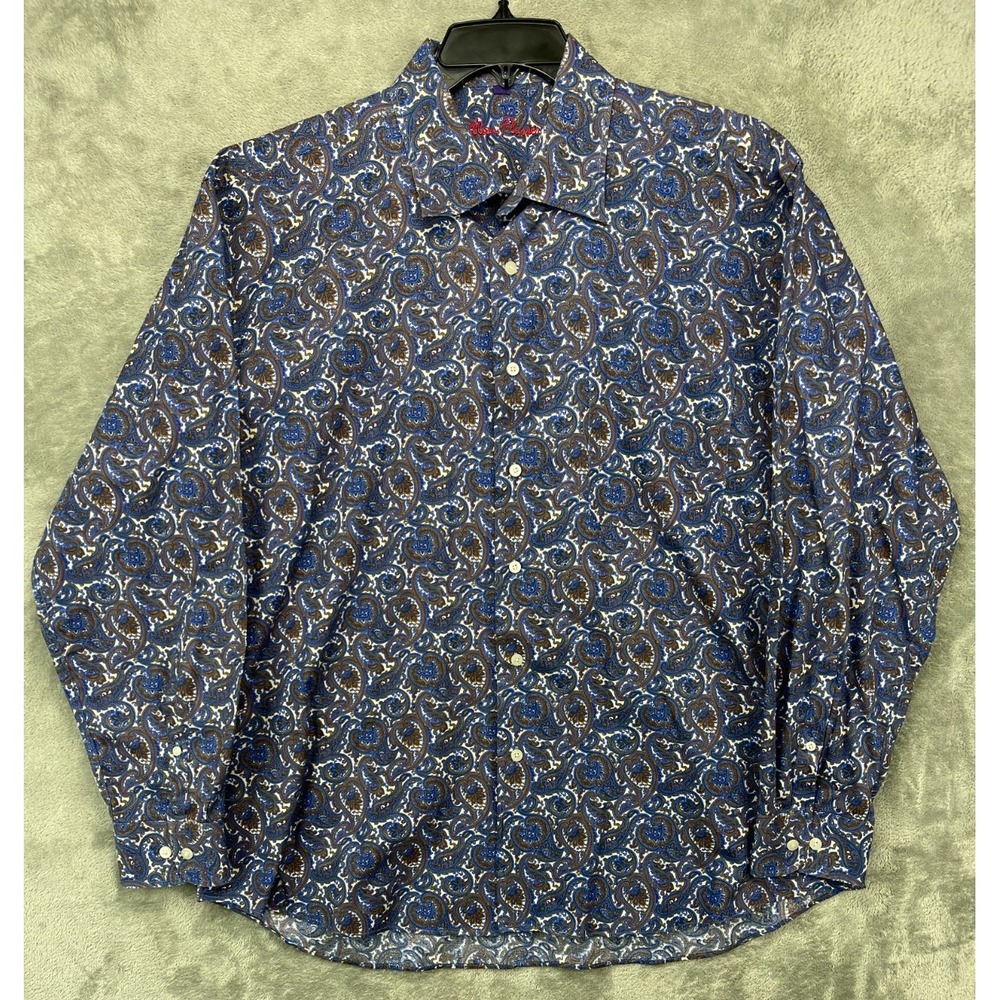 Allen Flusser Men's Shirt XL Navy Paisley Flip Cuff Long Sleeve Button Up